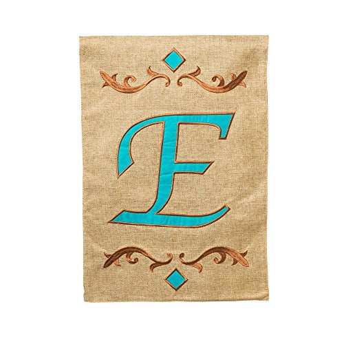 Evergreen Burlap Teal E Monogram Garden Flag, 12.5 by 18 inches