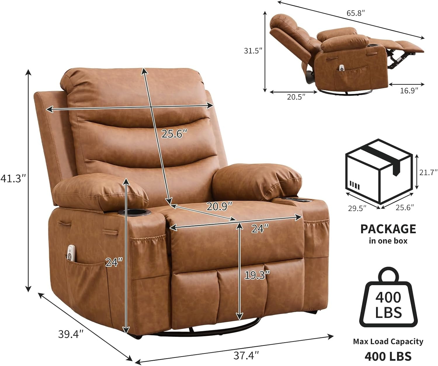 Recliner Chair Nursery, Oversized Manual Reclining Rocking Chair, Corduroy 360 Swivel Glider with Cup Holder, Massage and Heat Recliner, Small Sofa Chairs for Adults, Living Room,Bedroom,（Pu，Brown）
