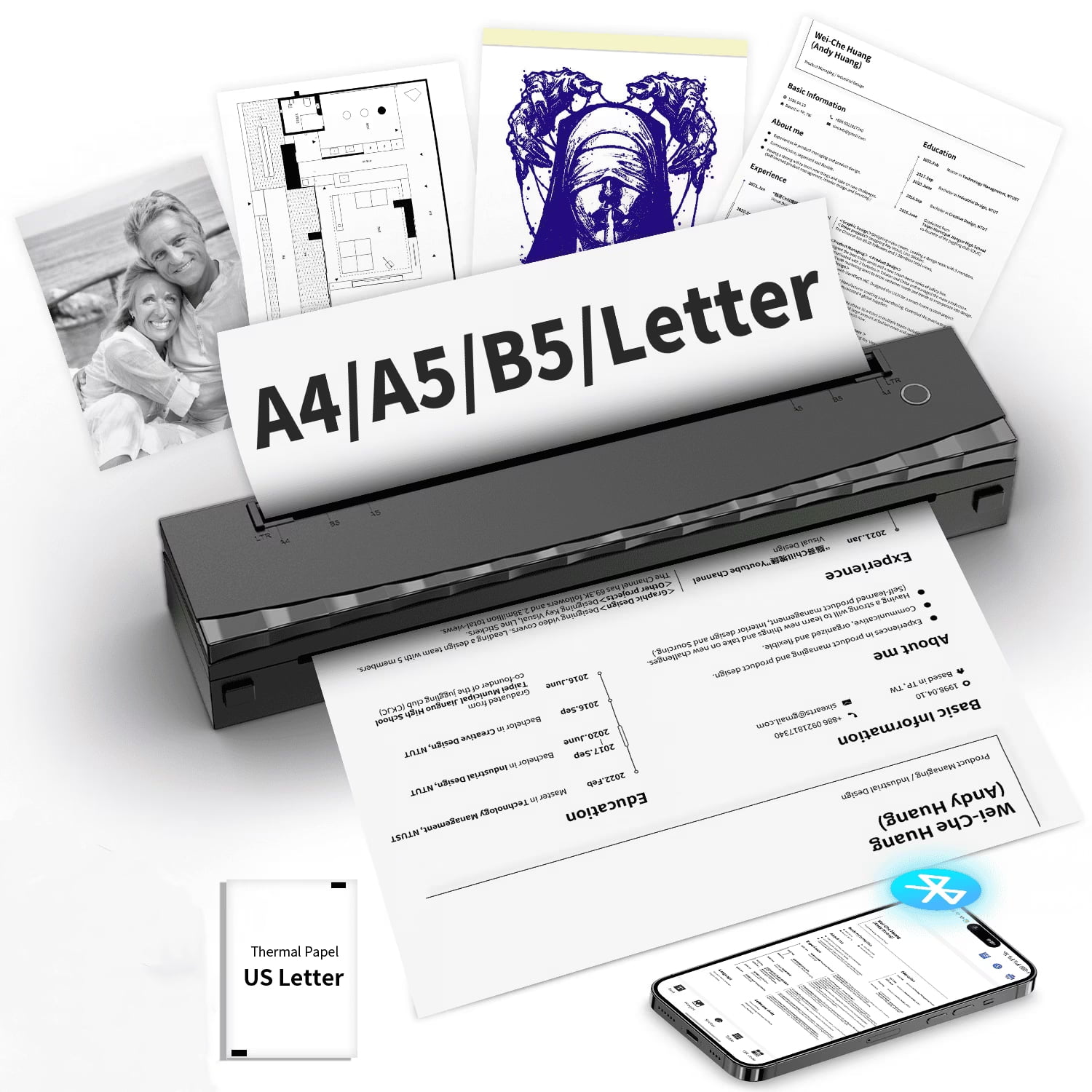 Thermal Printer, HKHKPI Inkless Portable Printer Supports 8.5 x 11"/A4/A5/B5/Tattoo Paper,Tattoo Printer,Compatible with Phone Tablet & Laptop