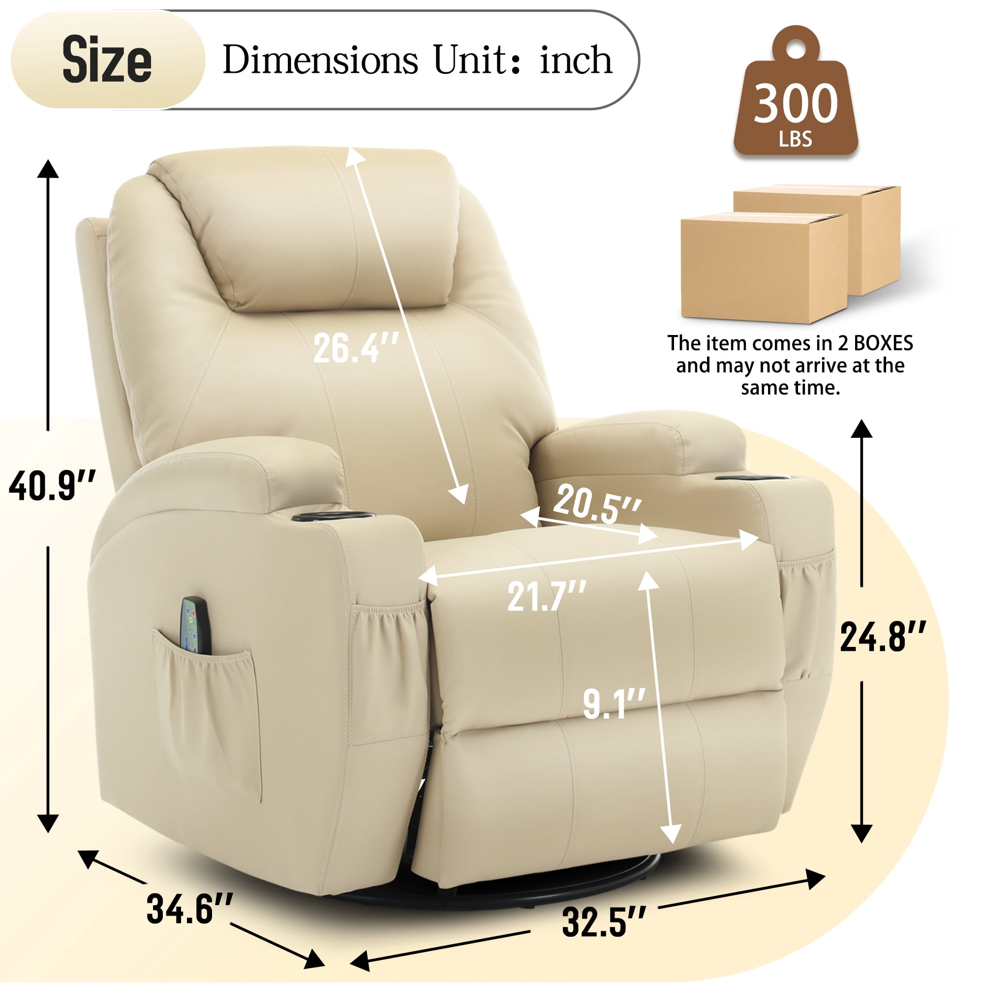 Korser Swivel Rocker Recliner Chair with Massage Faux Leather for Living Room,Beige