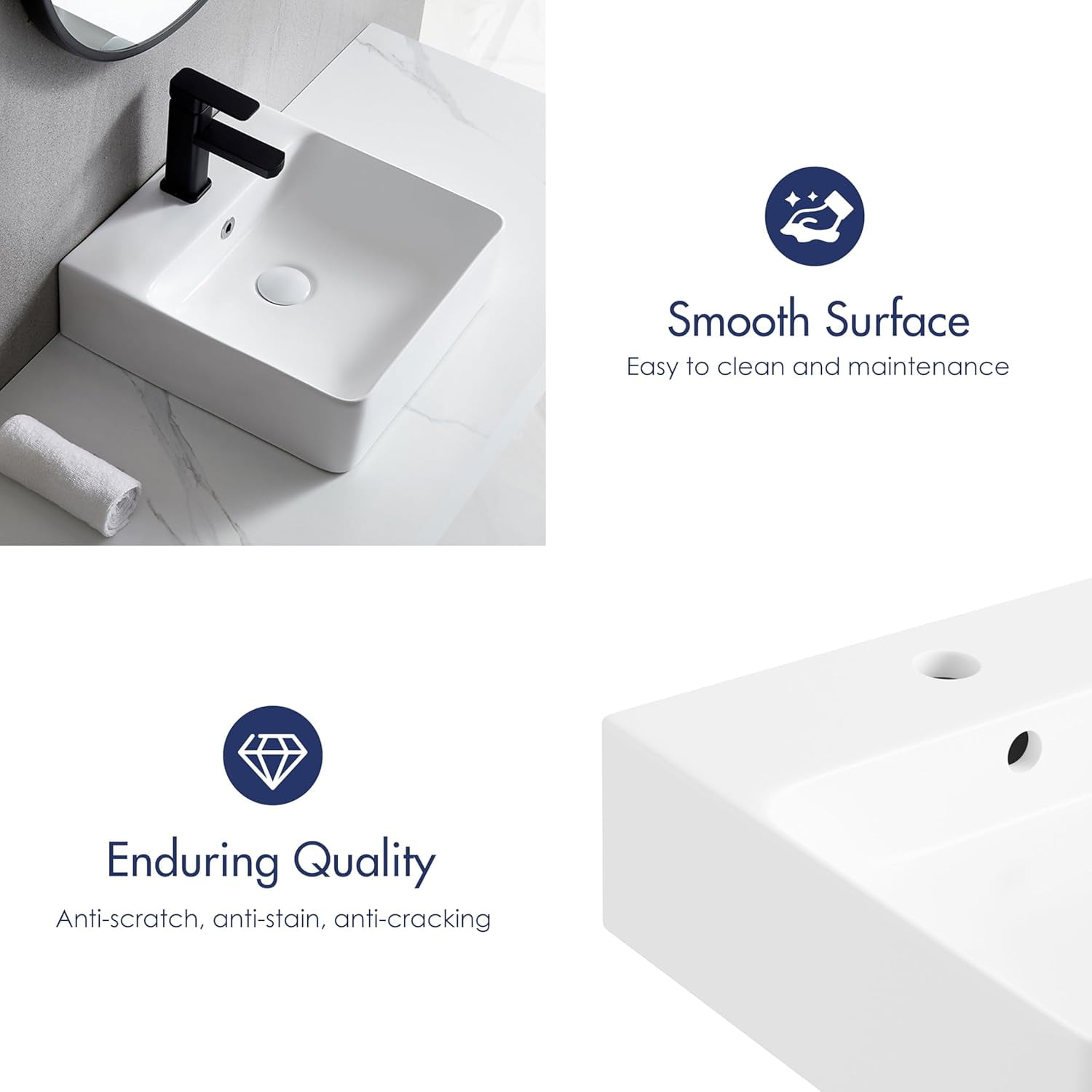 16" x 16" Bathroom Sink Vessel Rectangular, Eridanus Wall Mount Sinks Countertop Floating Basin with Overflow, White Ceramic Trough Wall Hung Space Saving Square Small Cloakroom Tiny Lavatory