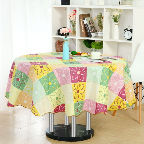 PiccoCasa Vinyl Tablecloth Round 60" Dia Colorful Square Flower
