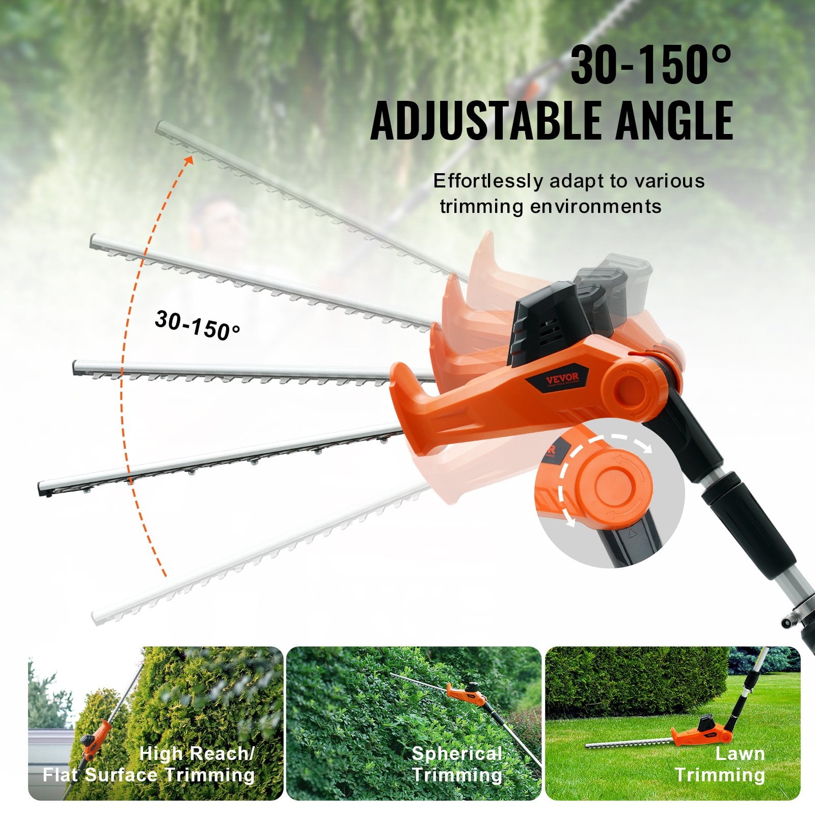 20V Cordless Pole Hedge Trimmer, 18" Dual-Action Blade, 74–94" Telescoping Reach, 1200RPM Motor, Battery & Fast Charger Included, Adjustable Head for Tall Shrubs & High Branches