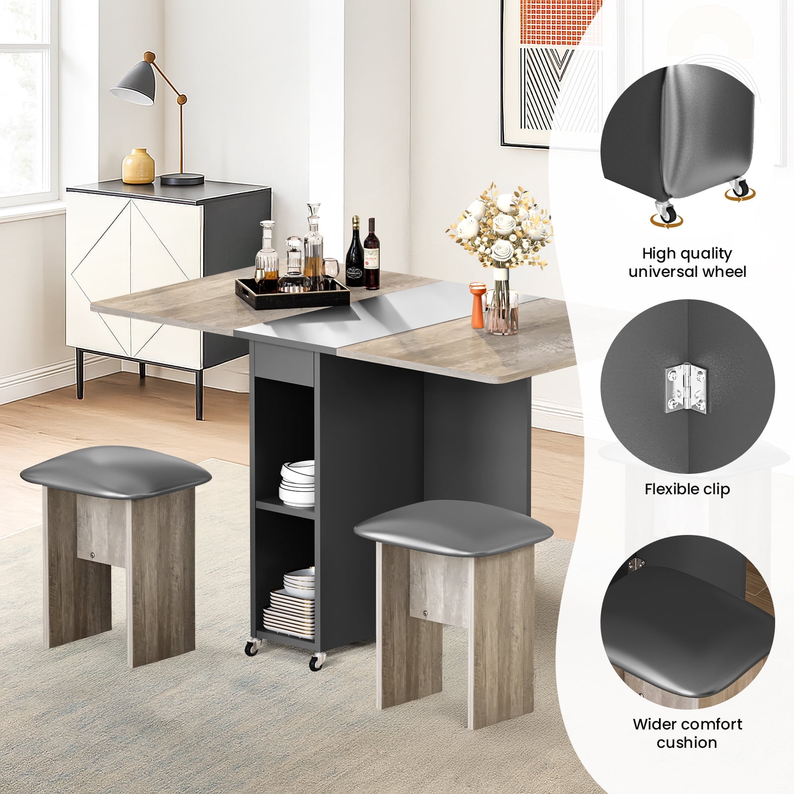 Baxluxe Folding Kitchen Table with Chairs,Dining Table Set for 4,Drop Leaf Table with 6 Wheels,Expandable Dining Table,Multifunction Expandable Table for Living Room, Folding Kitchen Table