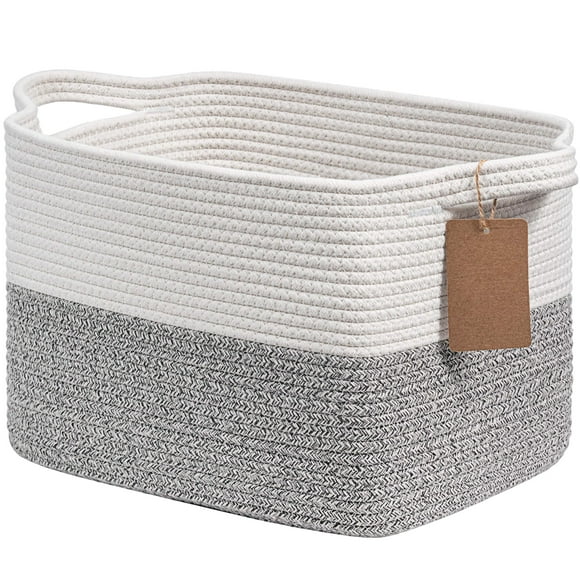 Goodpick Woven Storage Basket for Shelves, Small Laundry Basket for Cloth Towel Shoe, Empty Gift Basket with Handles, Grey and White Square Basket, 13 x 10 x 9 Inches