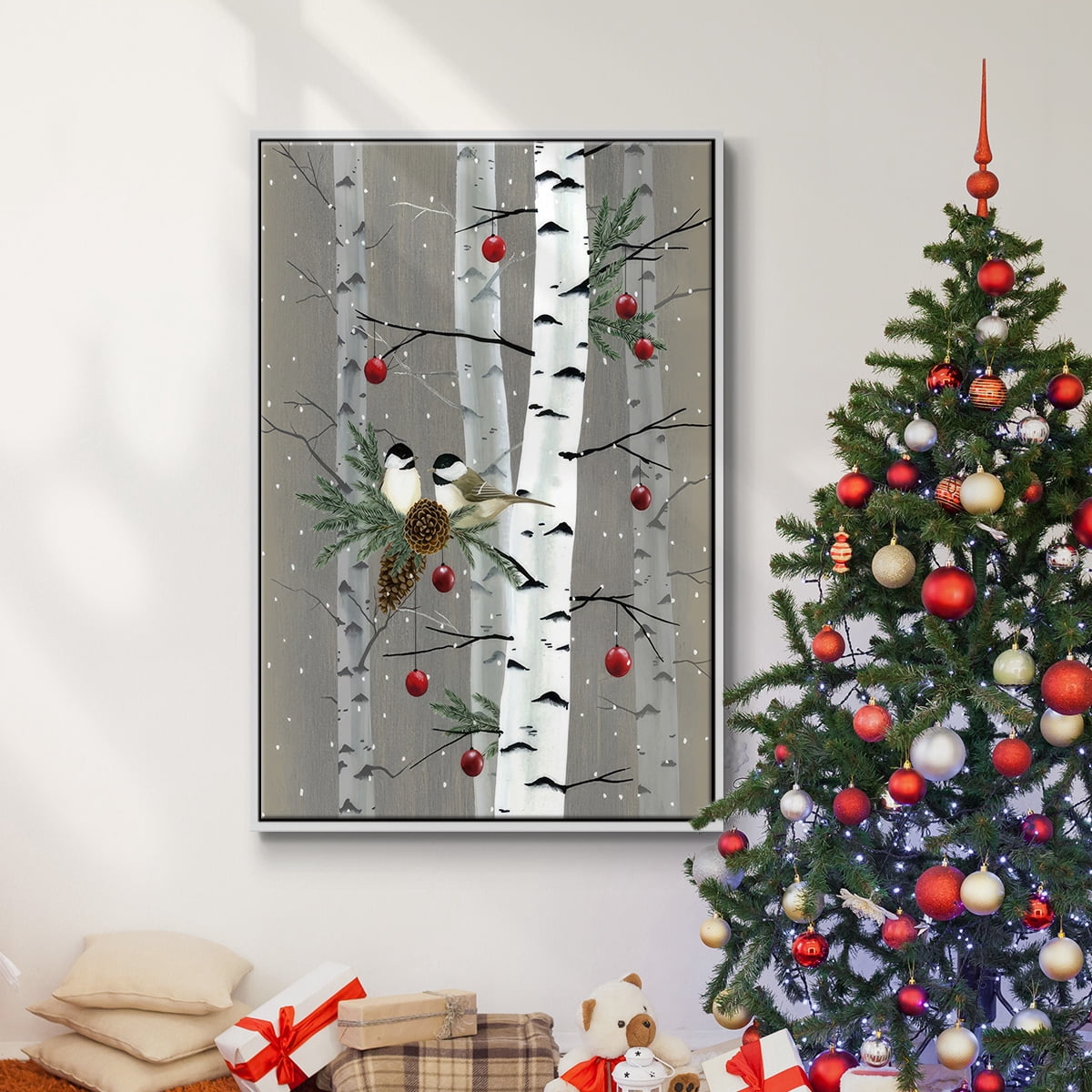 Birch Birds II - Framed Gallery Wrapped Holiday Canvas - 17 x 25 - White Frame