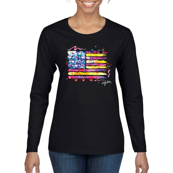 Wild Bobby, Colorful Neon Flag Hearts Love, Streetwear, Women Graphic Long Sleeve Tee, Black, Small