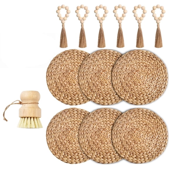 Woven Seagrass Placemats Set of 6, 12" Boho Round Woven Natural Placemats, Wicker & Rattan, Braided Plate Chargers, with Wooden Brush & 6 Napkin Rings (Natural Water Hyacinth)