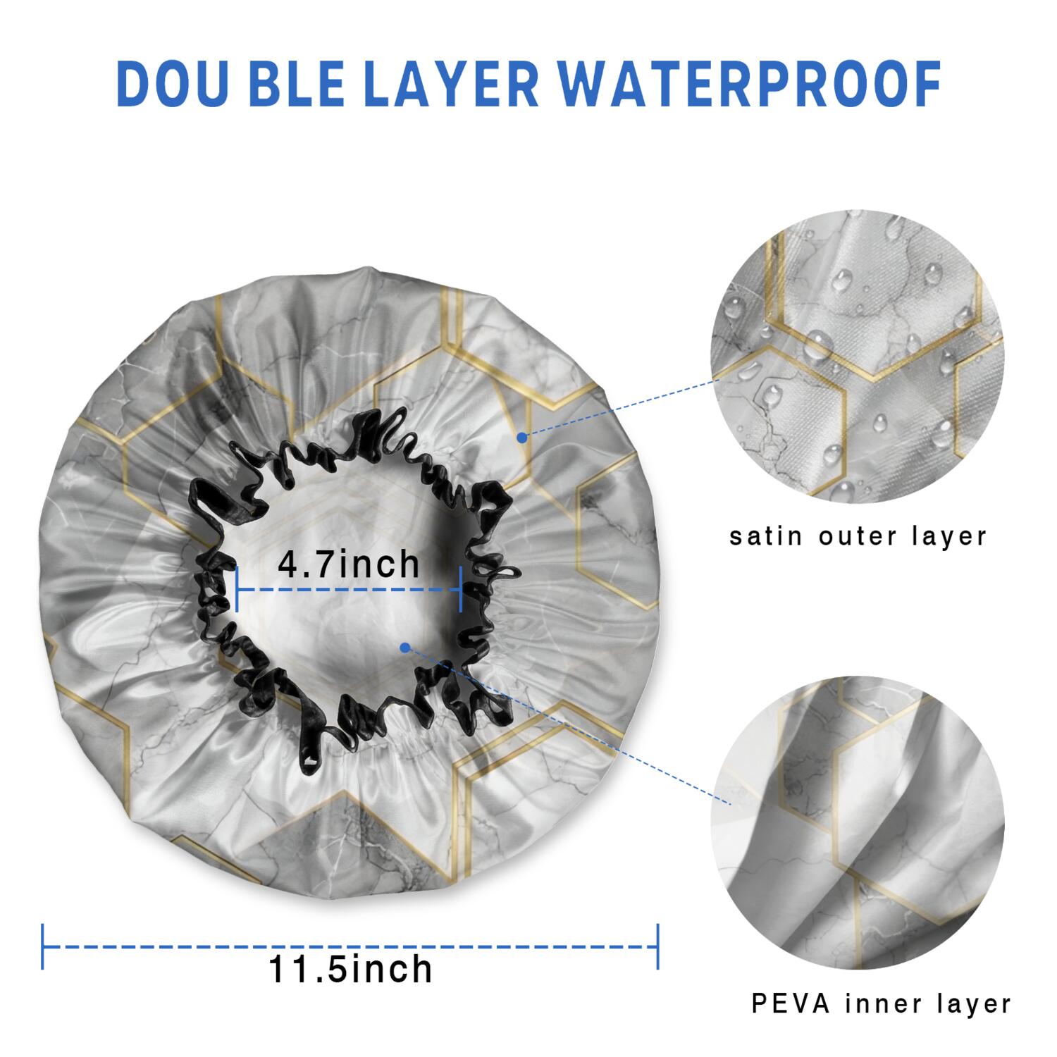 Shower Caps,Gray Marble Gold Hexagon Pattern Waterproof Shower Cap for Women 4 Pieces,Double Reusable Hair Cover for Shower PEVA Elastic Stretch Hem