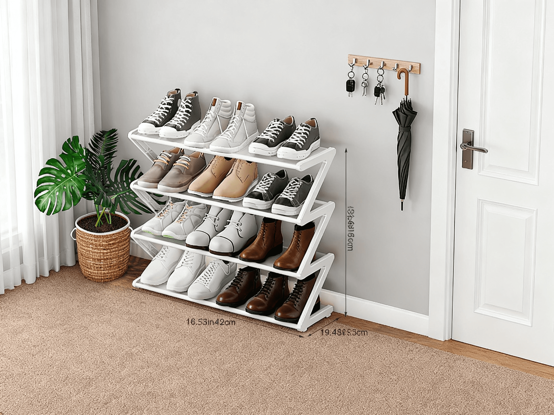 multifunctional shoe storage rack with Z-shaped layered design for dorms and home organization durable polyester construction non- and absorbent features versatile living space organizer
