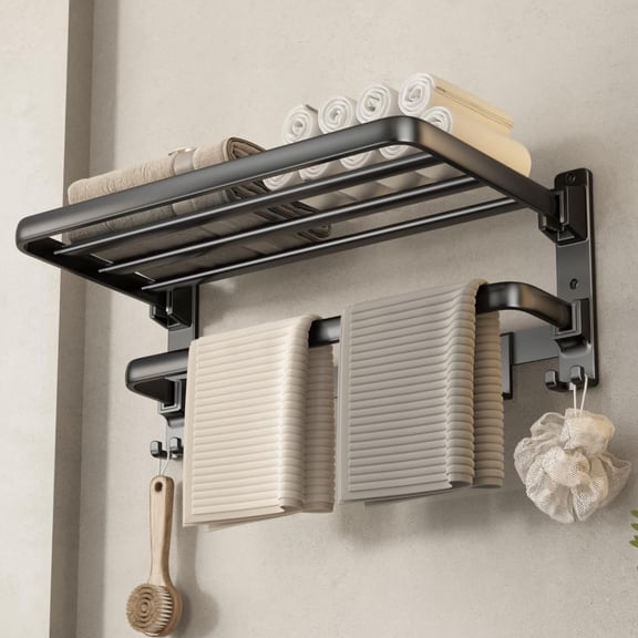 NUBILY Towel Racks for Bathroom, 24-Inch Towel Shelf with Towel Bar Foldable Towel Holder with 7 Hooks Towel Storage Organizer for Bathroom & Lavatory Wall Mounted(Matte Black)
