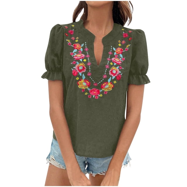 Vestidos Casuales Para Mujer, Blusas De Mujer De Moda Suéter de manga corta con cuello en V y bordado de lino sintético para mujer, top de moda