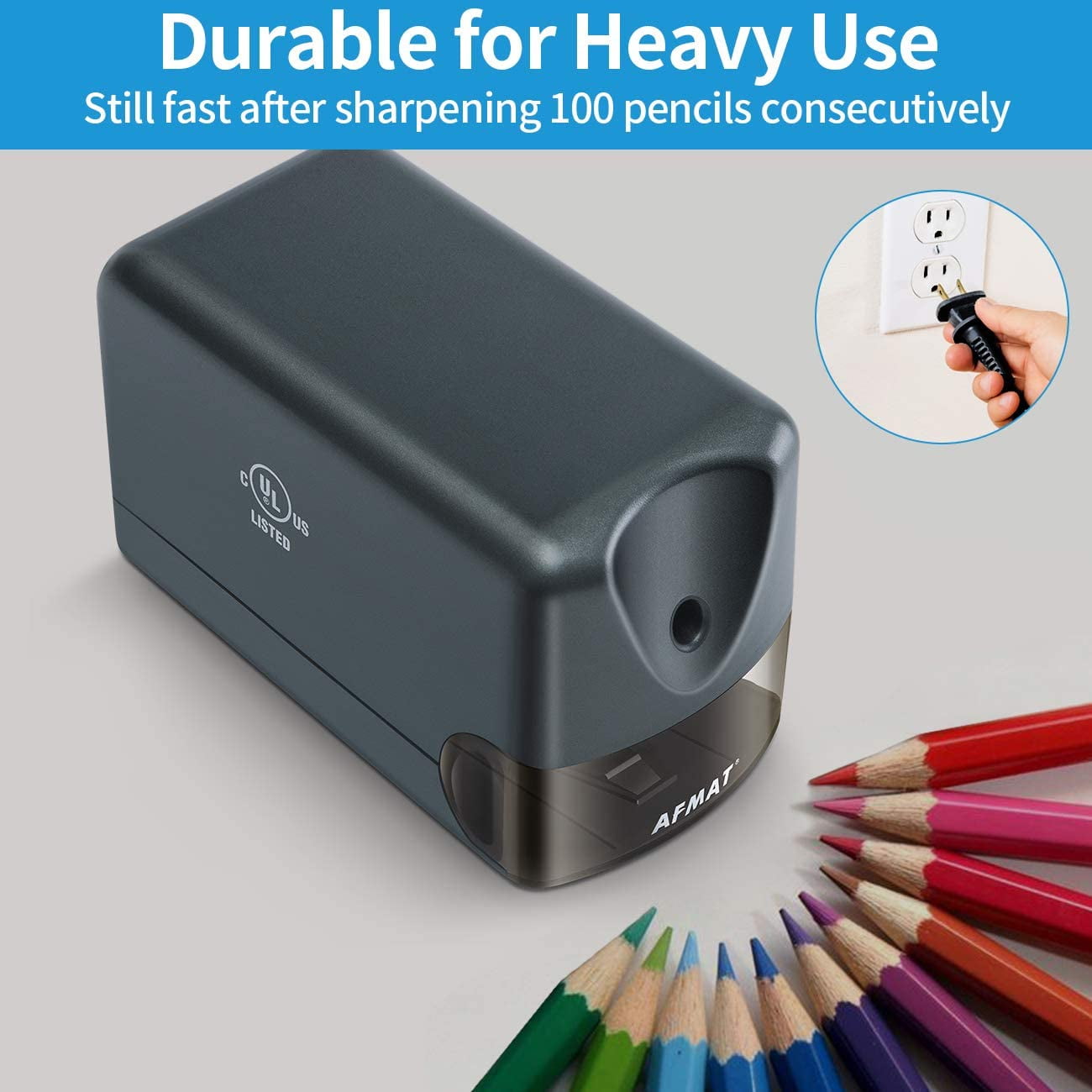 AFMAT Heavy Duty Electric Pencil Sharpener for 6.5-8mm No.2/Colored, UL Listed Professional Pencil Sharpener w/Stronger Helical Blade, for Classroom,Gray, New