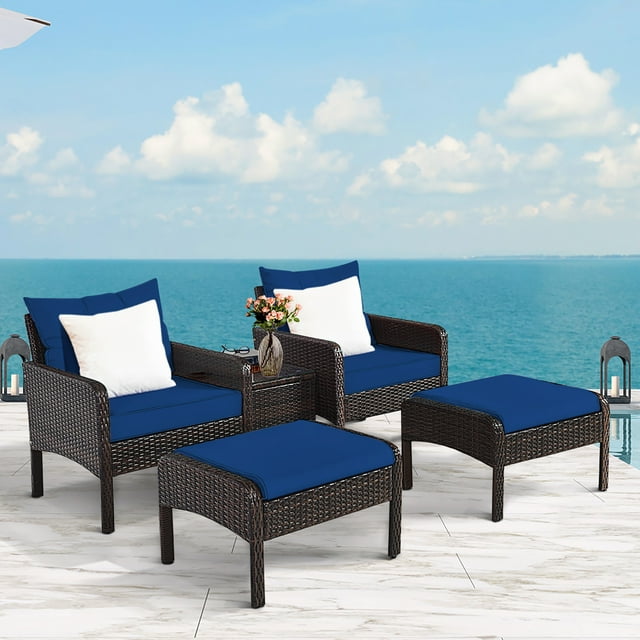 Costway Ensemble de Mobilier de Terrasse en Rotin Osier 5 Pcs Canapé Ottoman Table Basse Coussiné Bleu Marine