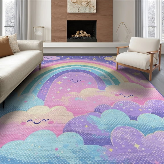 ODIKA 8'x10' Washable Area Rug Durable, Non-Slip Pink Mermaid Kawaii Galaxy Tie Dye Shaped Floormat for Living Room, Under Sectional, Family