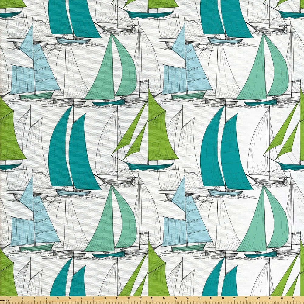 Nautical Fabric by the Yard, Sailing Boats on the Ocean Surfing Coastal