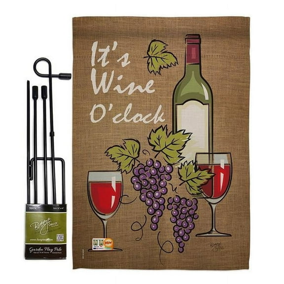 Breeze Decor BD-WI-GS-117033-IP-BO-D-US14-BD 13 x 18.5 in. Its Wine Happy Hour & Drinks Impressions Decorative Vertical Double Sided Garden Flag Set with Banner Pole