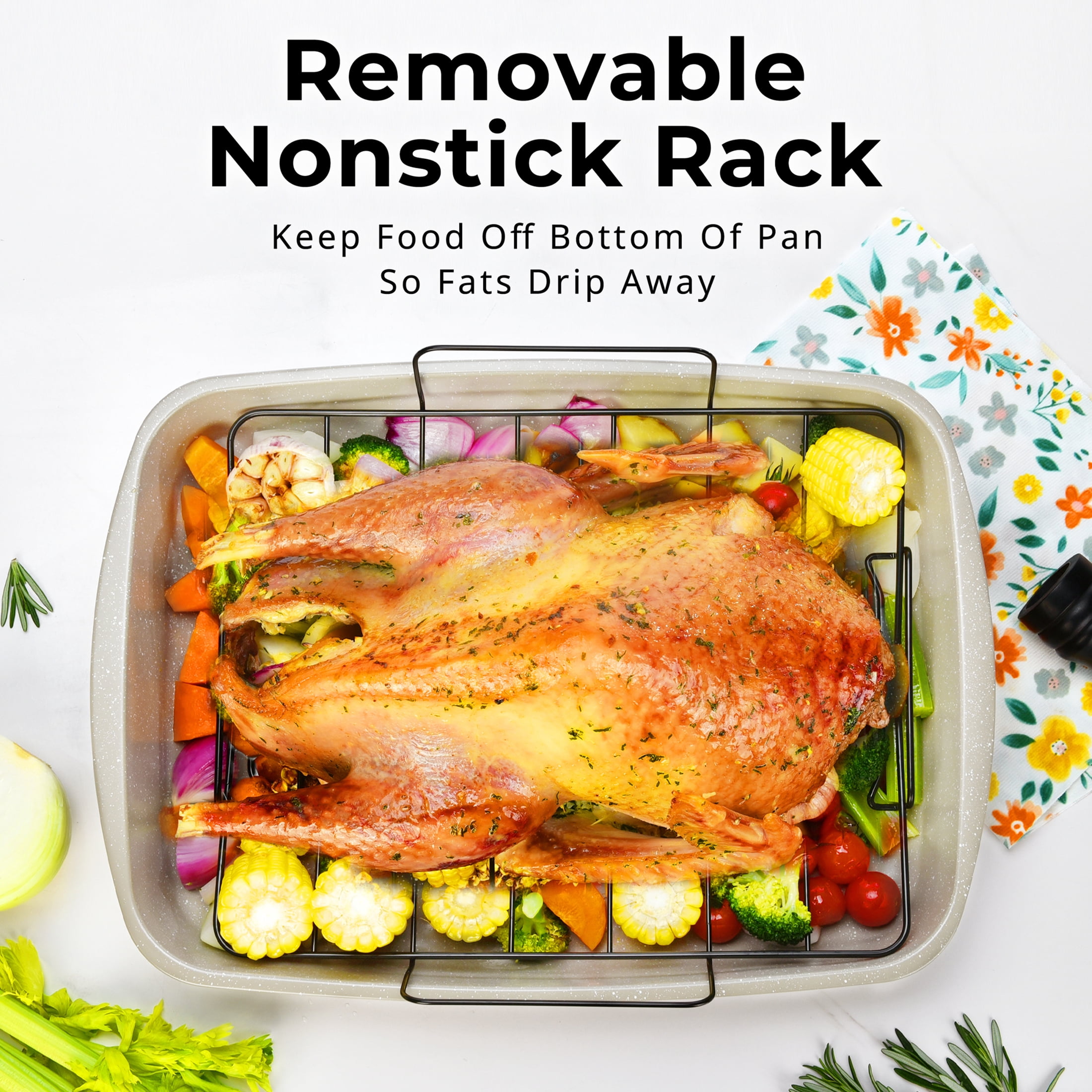 Mainstays Non-Stick Carbon Steel Roaster Pan with Wire Rack, 18.9 in, Speckle Beige, 0.5 mm