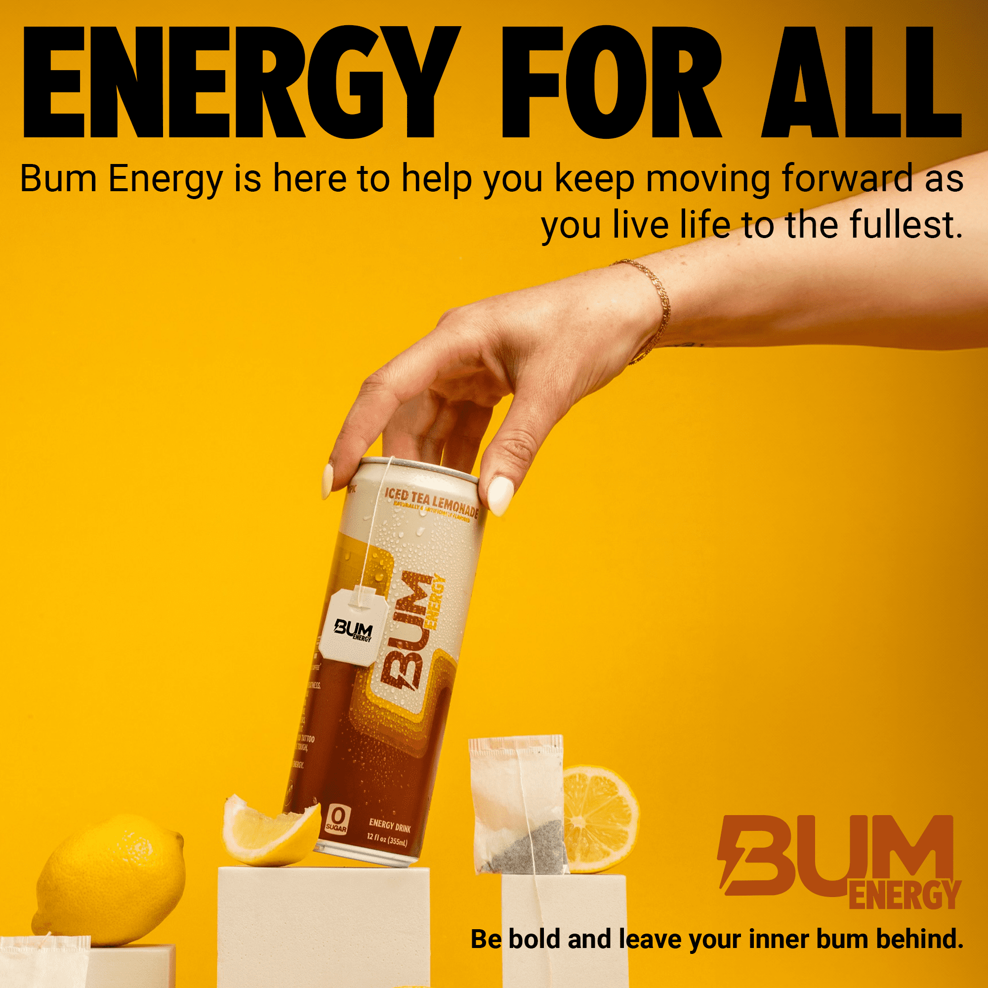 Bum Energy Drink, Iced Lemon Tea, 112mg Natural Caffeine, 12 fl oz Cans, 12-Pack
