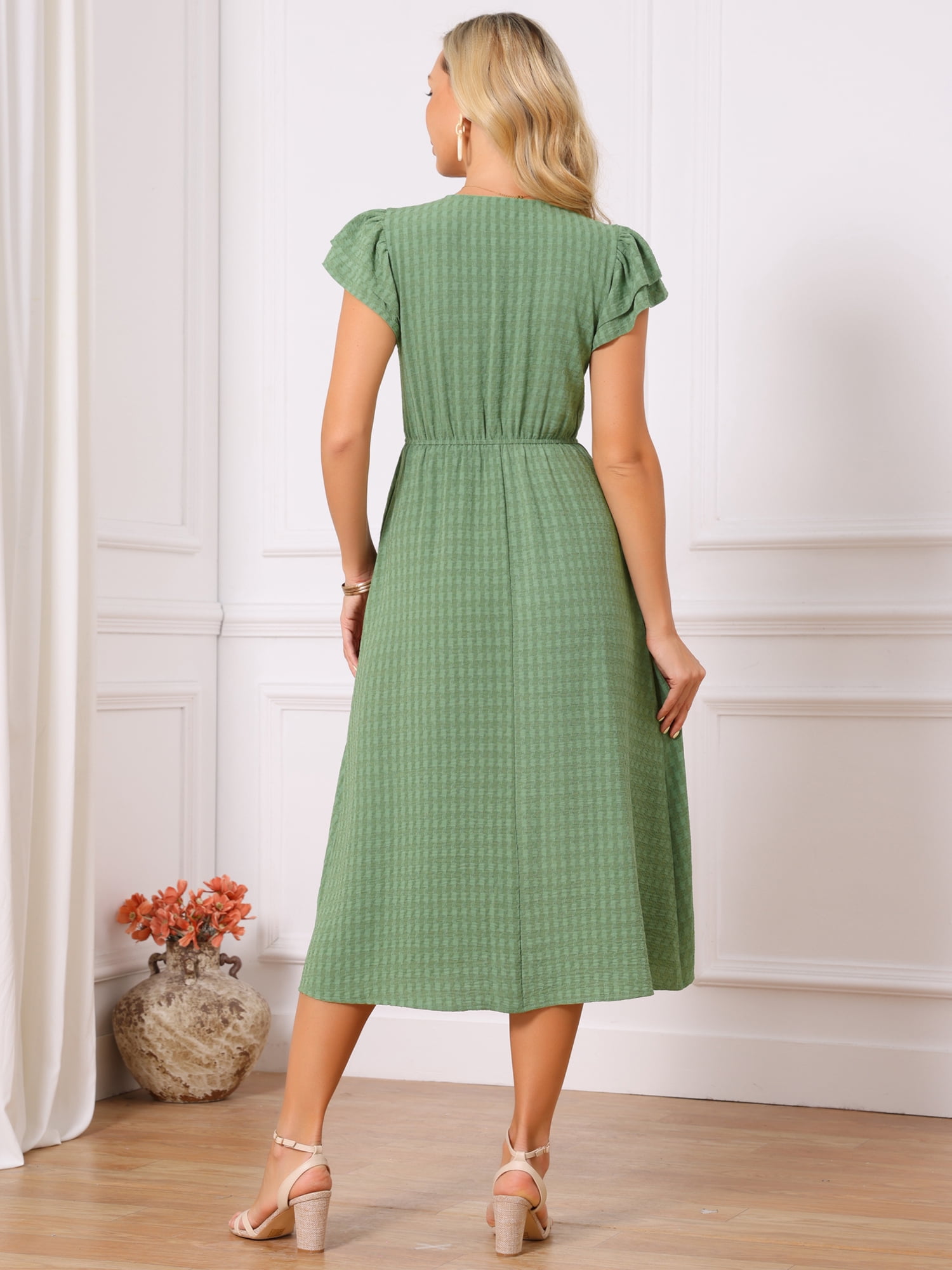 DARING DIVA Women's A-Line Summer Dresses Ruffle Short Sleeve V Neck Midi Dress S Green