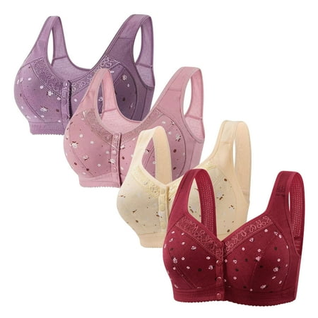 Tao Tao 4 Pack Daisy Bras For Women Front Button Snaps Closure Wireless Cotton Bra For Seniors Sports Bra Push Up Bra Wire Free Bras Full Support Bras Purple L