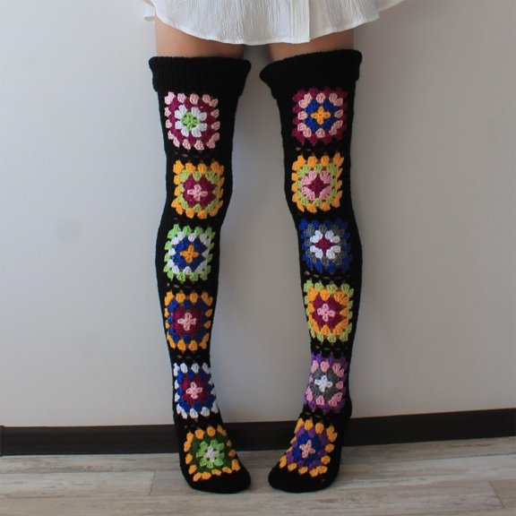 Wuxian Wool Socks Vintage Boho Leg Warmers Bohemian Pattern Stocking Thighs Over The Knee Thick Leggings Fashion Soft Stretch Boots Ocks Fuzzy Socks,Black,One Size