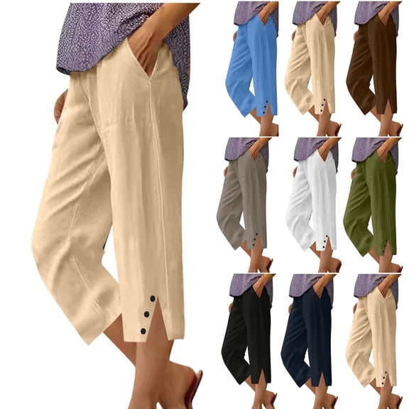 QATAINLAV Linen Capri Pants for Women Summer High Waist Straight Leg Lounge Cropped Slacks Solid Casual Side Slits Ankle Capris with Pockets Army Green XXXL