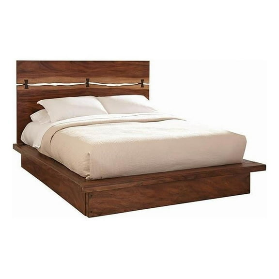 Pemberly Row Farmhouse Wood Queen Bed Smokey Walnut and Brown
