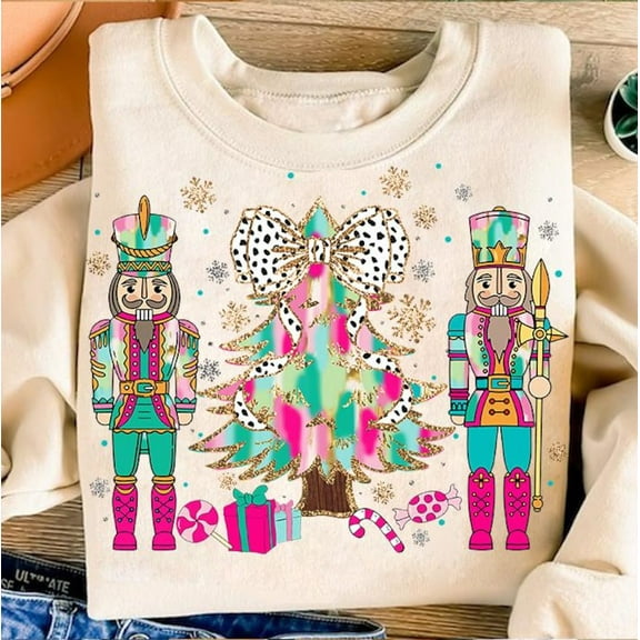Pink Glitter Nutcracker Christmas Sweatshirt, Holly Jolly Bow Crewneck, Dalmatian Dots Brushstroke Holiday Sweater