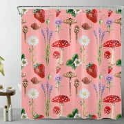 HVEST Red Strawberry and Mushroom Shower Curtain for Bathroom Spring Floral and Green Leaf on Pink Bathroom Shower Curtains with Hooks, Farmhouse Country Plant Bathroom Curtains Shower Set 69x70 inch