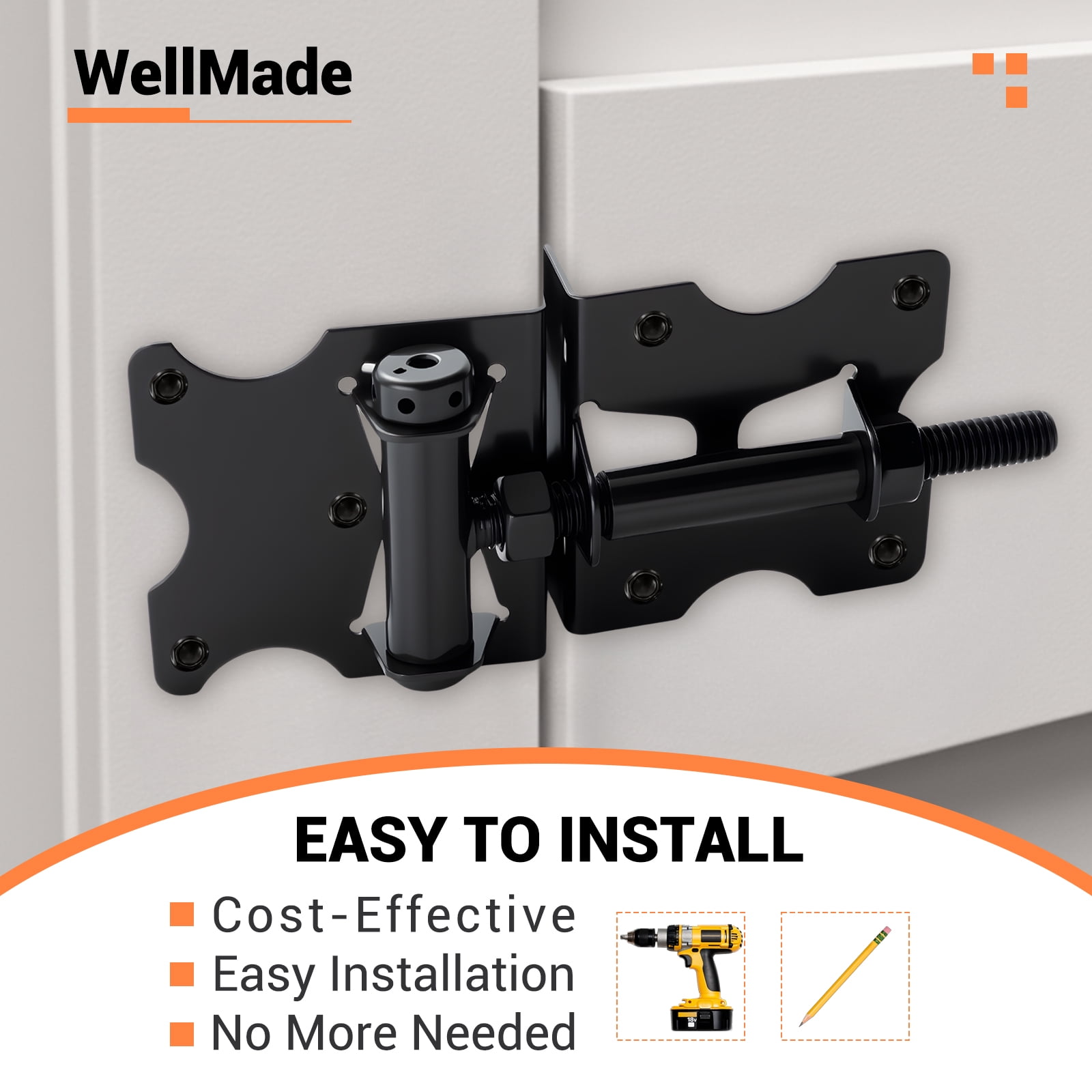 WellMade 2 Pack Heavy Duty Self Closing Gate Hinges，Adjustable Vinyl Gate Hinges with Screws and Swing Adjuster Tool，Black