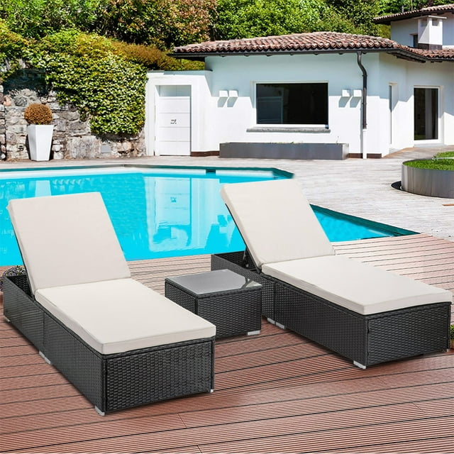 YOFE Chaise Lounge Chairs, 3 Pcs Patio Chaise Lounge Set, Outdoor Lounge Chair Set with Beige Cushions and Table, Rattan Wicker Lounge Chair, Outdoor Indoor Adjustable Rattan Reclining Chairs, R5811