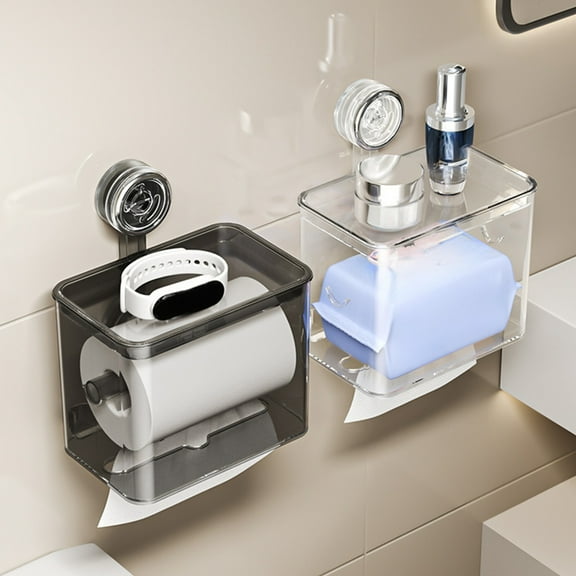 Suction Cup Toilet Paper Holder, Plastic Storage Box with No Drill Wall Mount, Clear or Gray for Bathroom Organization and Space Saving, Waterproof & Rustproof Design for Rvs, Boats, and
