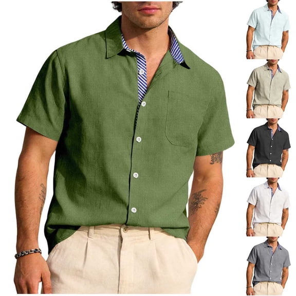 VBTAPA Men Cotton Linen Shirt Striped Patchwork Short Sleeve Button Down Shirts Lightweight Casual Lapel Collar Blouse Dark Gray L
