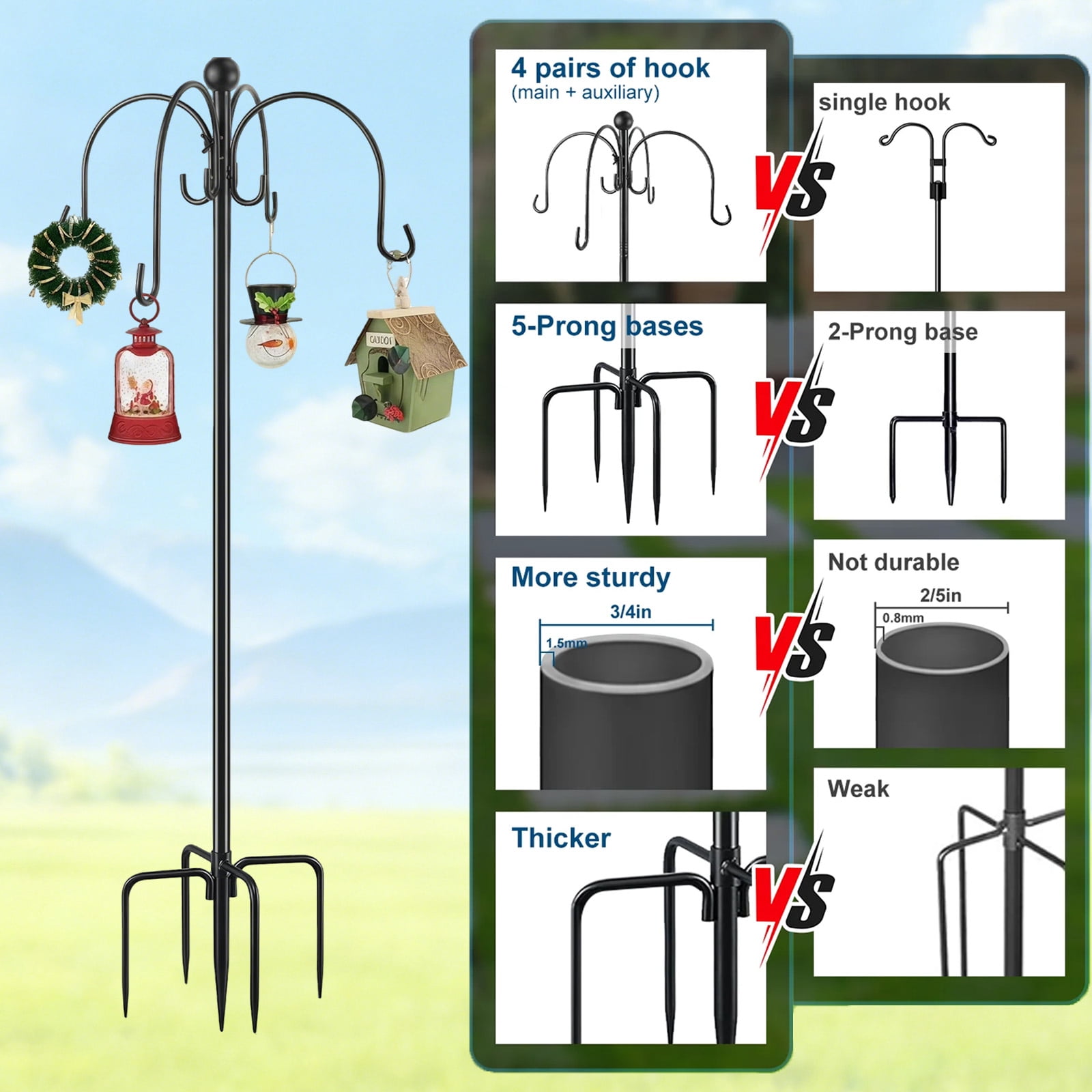88" Heavy Duty Shepherds Hooks for Outdoor, 4-Hook Adjustable Bird Feeder Pole with Reinforced 5-Prong Base, Garden Hanger Stand for Hanging Plant, Hummingbird Feeder, Lantern, Solar Light