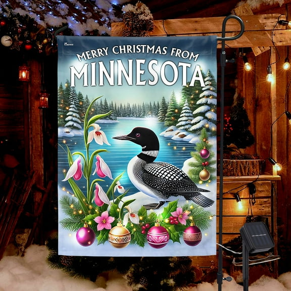FLAGWIX Minnesota Christmas Common Loon and Lady's Slipper Solar LED Garden Flag MLN4275SF - USA Flags Decor Indoor Outdoor