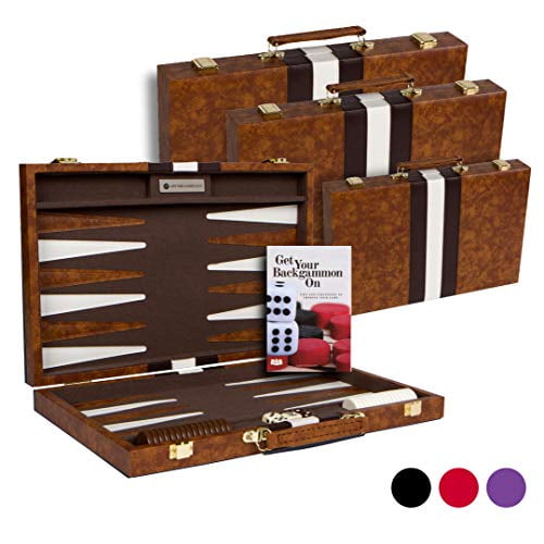 Chessgammon BACKGAMMON SET LEATHER BLACK AND INLAID ROYAL RED FOLDABLE TRADITIONAL ADULTS KIDS FAMILY TRAVEL BACKGAMMON GAME SET BRIEFCASE GAME SET DOUBLING DICES 18