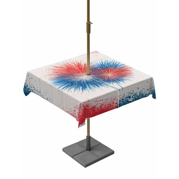 Outdoor Tablecloth with Umbrella Hole for Patio/Picnic/Party/Camping, Patriotic 250 Waterproof Table Cloth Square Cover Washable, Blue Red Fireworks American Cream Wood (60"x 60")