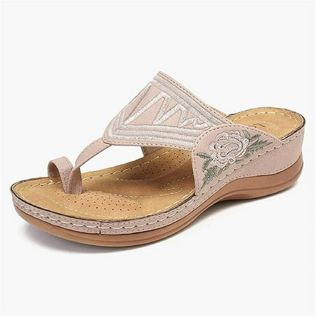 

Women Sandals Anti Slip Orthopedic Slipper Flower Embroidery Halter Back Sandals Casual Comfort Summer Fashion Open Toe Shoes Non-Slip Low Wedge Beach Slippers Beige.