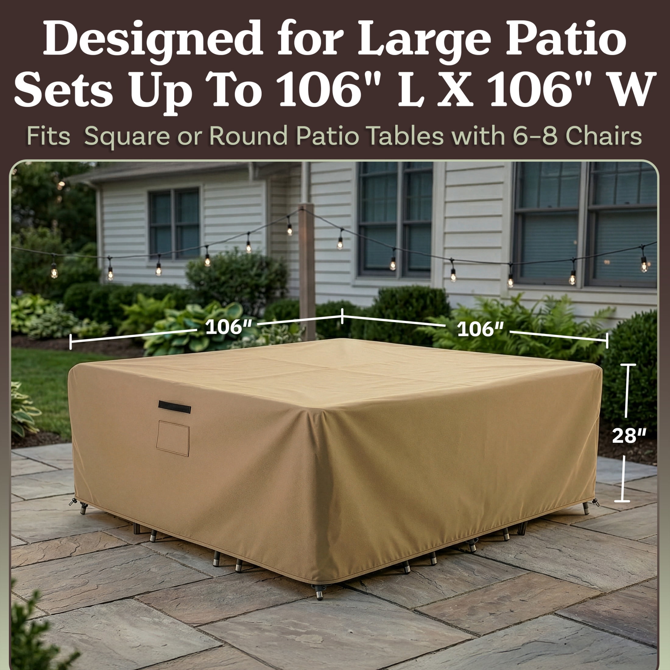 Pure Garden 106x106x28in Waterproof Square Furniture Outdoor Table Cover, Tan