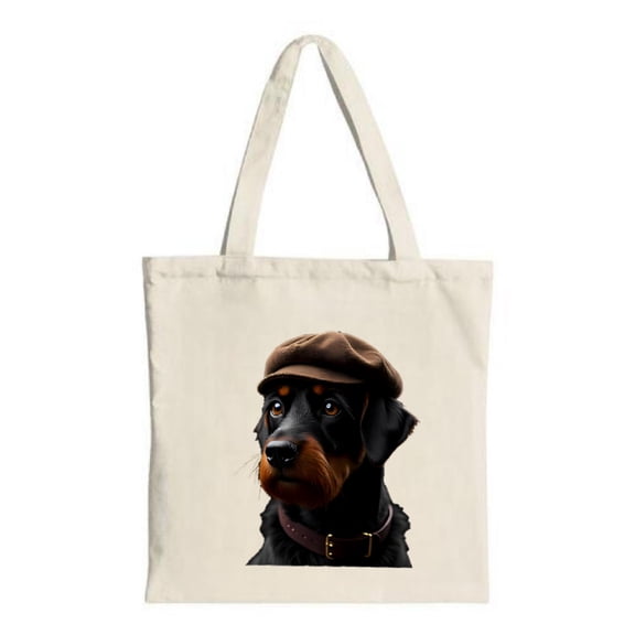 Stylish Canvas Tote Bag featuring a black dog in a brown cap perfect for shopping travel and parties Multifunctional and reusable