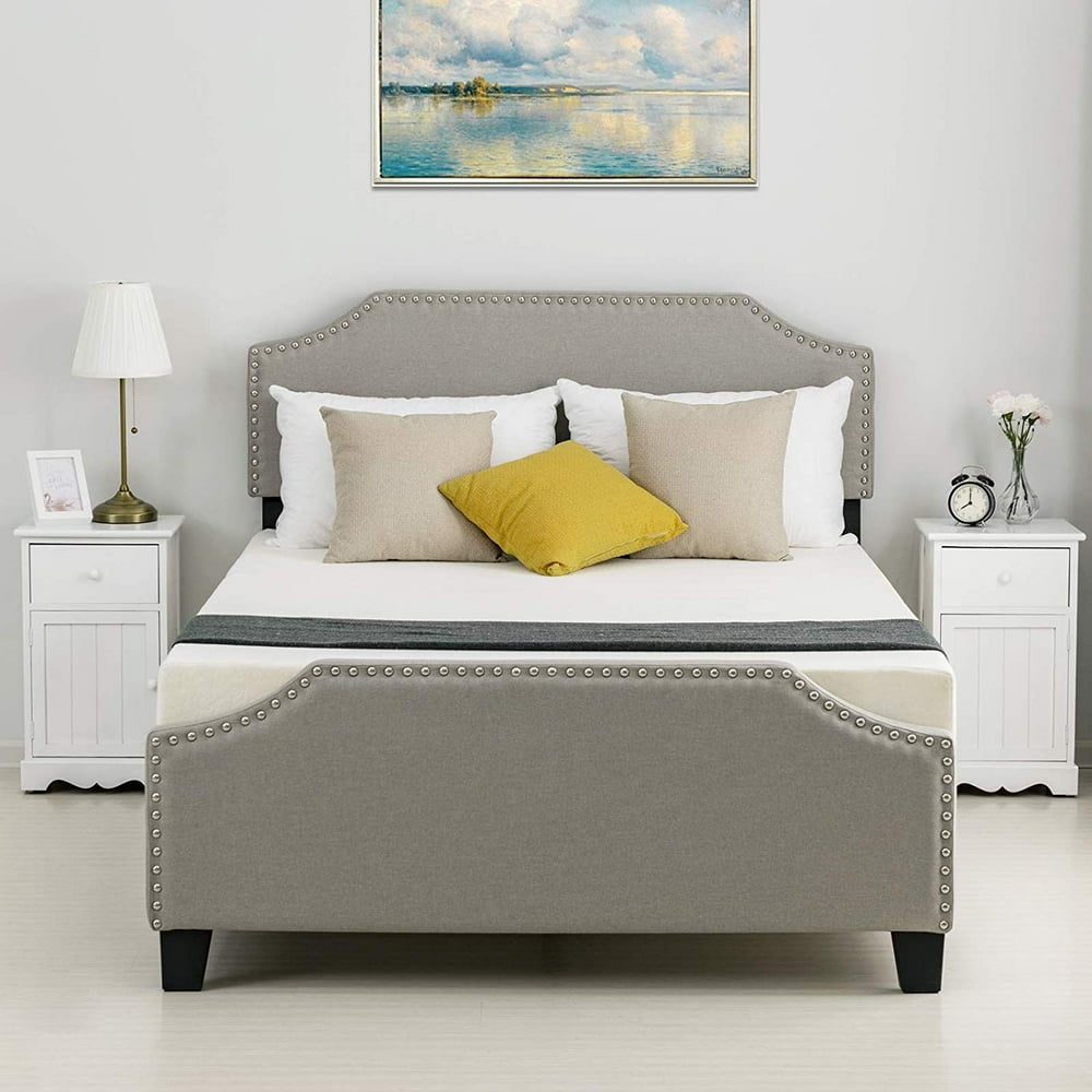 Mecor Upholstered Linen Platform Bed | Curved Shape Headboard