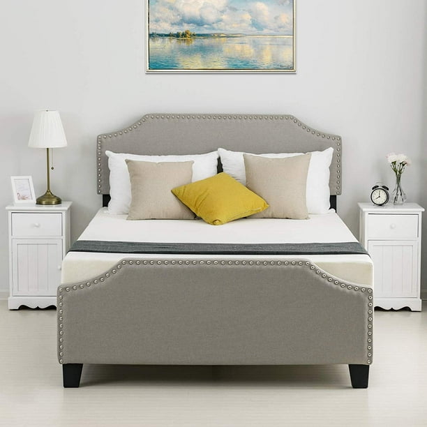 Mecor Upholstered Linen Platform Bed Curved Shape Headboard Footboard And Metal Frame With Sticky Wood Slat Support Khaki Queen Walmart Com Walmart Com
