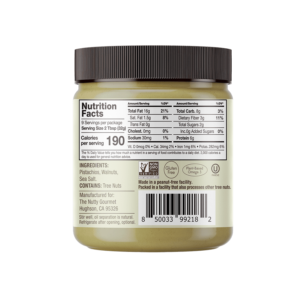 Nutty Gourmet Pistachio Walnut Butter - 10oz, 6-pack (Low-Sugar, Gluten-free, Peanut-free)