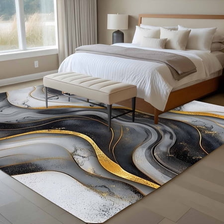 6x9 Washable Area Rug Abstract Marble Non-Slip Large Rectangle Rug for Living Room Dining Room Gold Texture Modern Black Simple Style Indoor Floor Mat for Home Decor