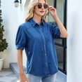 thumbnail image 6 of Womens Denim Shirt Business Casual Button Down Work Blouses Puff Sleeve Summer Tops Dark Blue M, 6 of 7