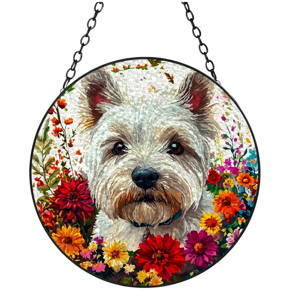 Stained Glass Suncatcher West Highland Terrier Dog in Flowers Colored Handmade Window Hangings Glass Suncatcher Crafts Kits for Indoor Garden Christmas Decor Memorial Gift 16x16cm(1)