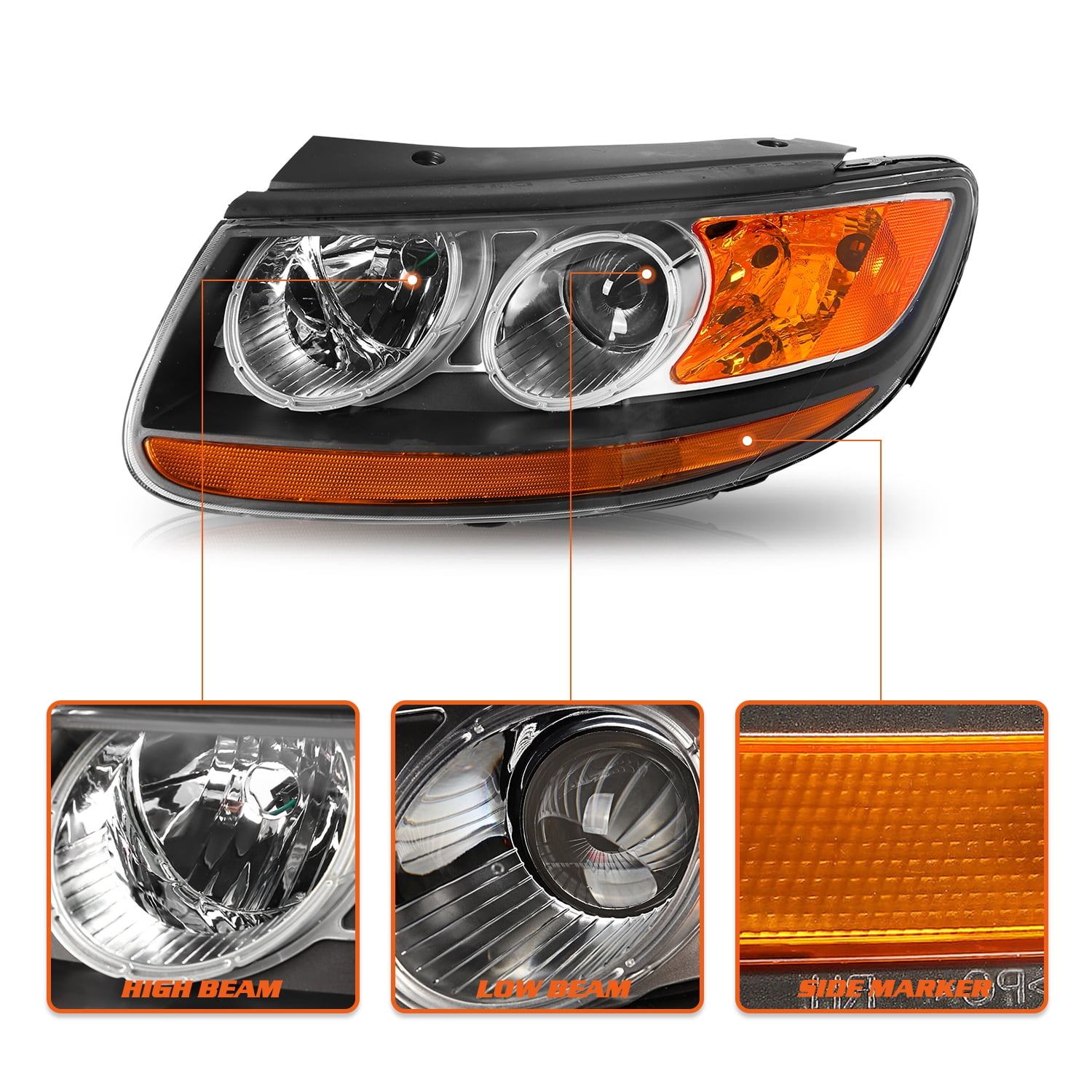 For 2007-2012 Hyundai Santa Fe 6pin Halogen 2pcs Headlights Black Amber Headlamps Assembly 07-12