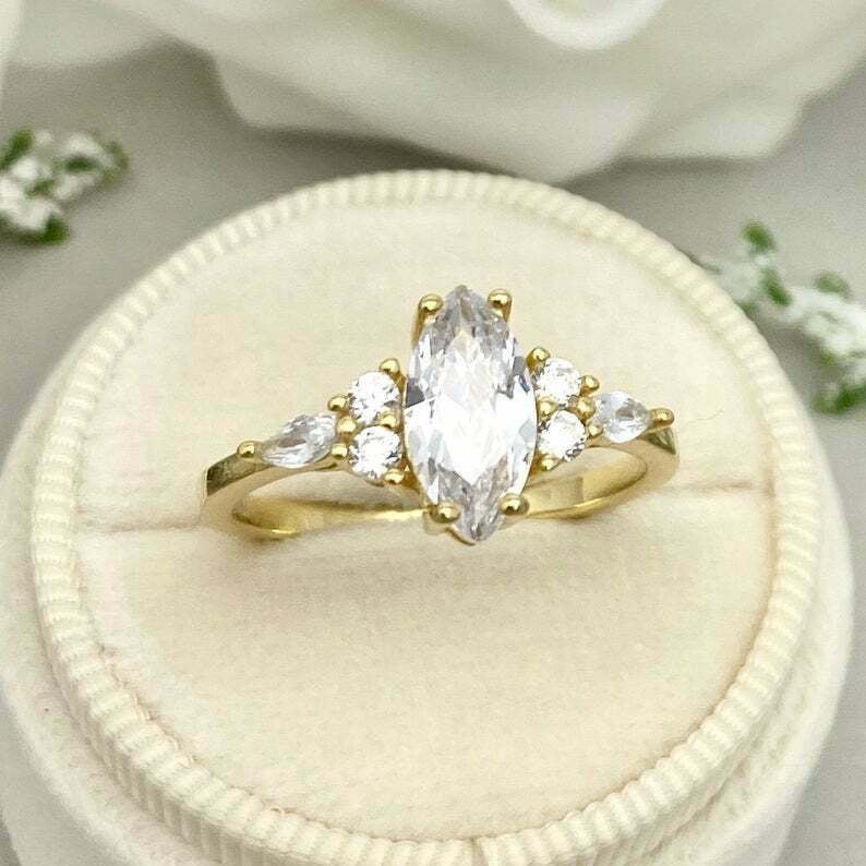 HeartsAndYou 1.5ct Engagement Ring for Women Marquise Cut Moissanite Petite Solitaire 18k Yellow Gold Over Silver