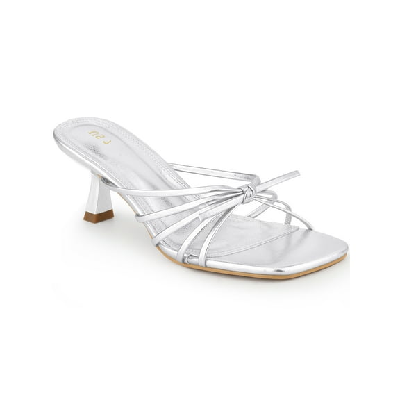 INSPIRE CHIC Women's Square Toe Strappy Strap Kitten Heels Slide Sandals Silver 6